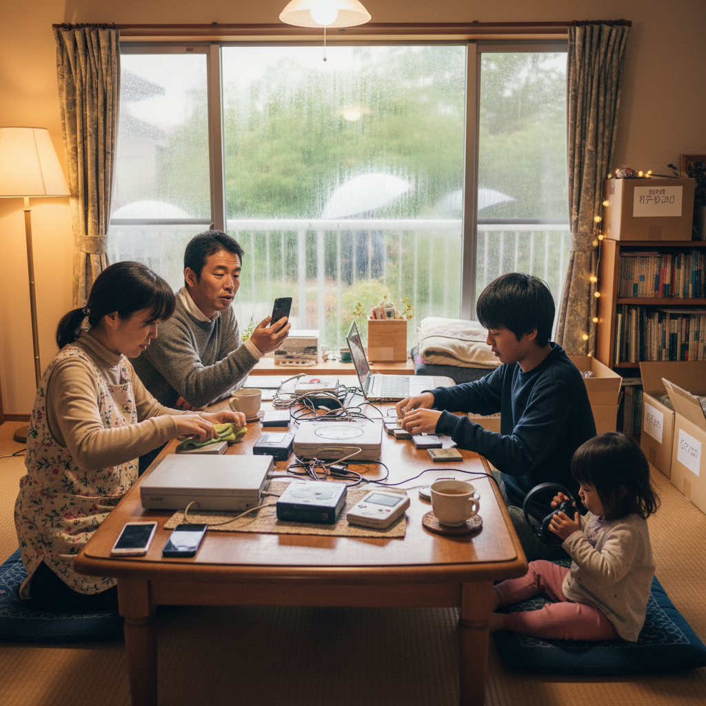 不要な電子機器を整理する様子