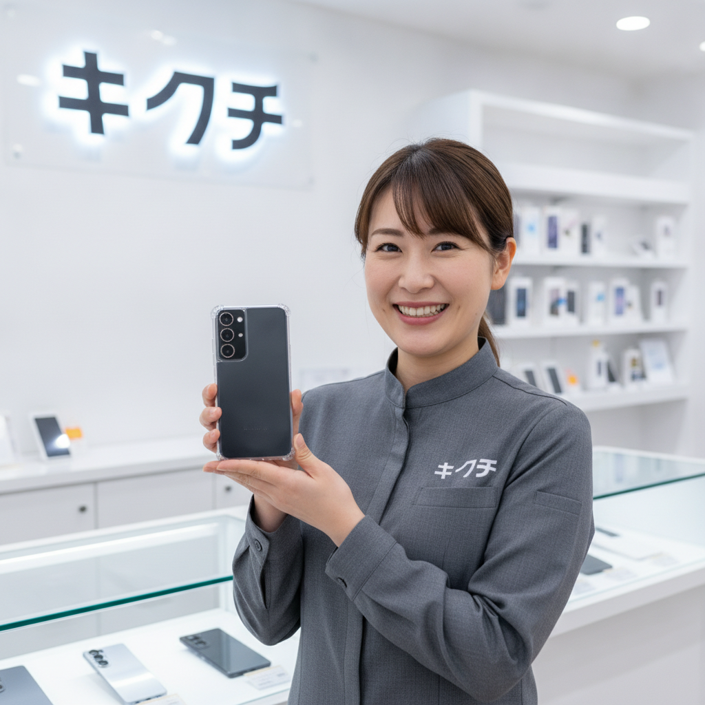Galaxy S24を持つ笑顔の日本人女性