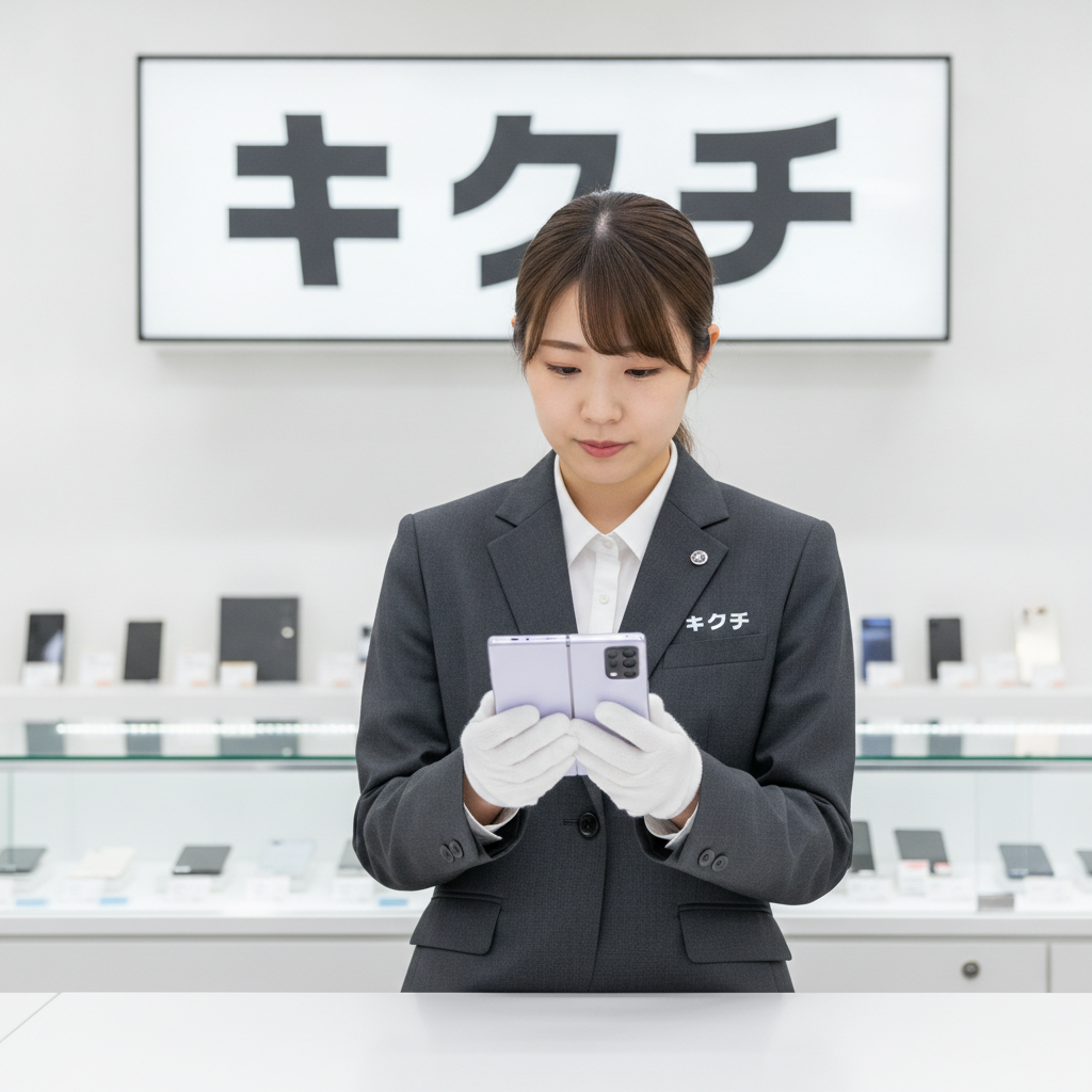 買取カウンターでGalaxy Z Flip 6を査定するスタッフ