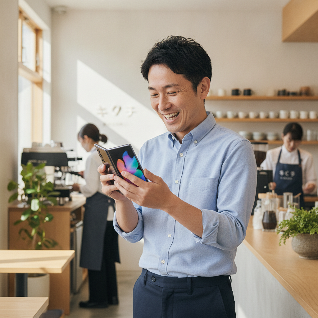 Galaxy Z Fold 6を手に持つ男性
