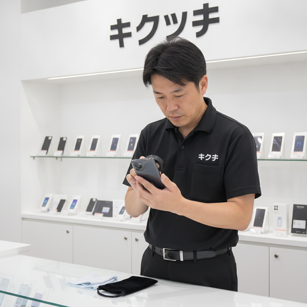 買取スタッフがGalaxy S25を査定している様子