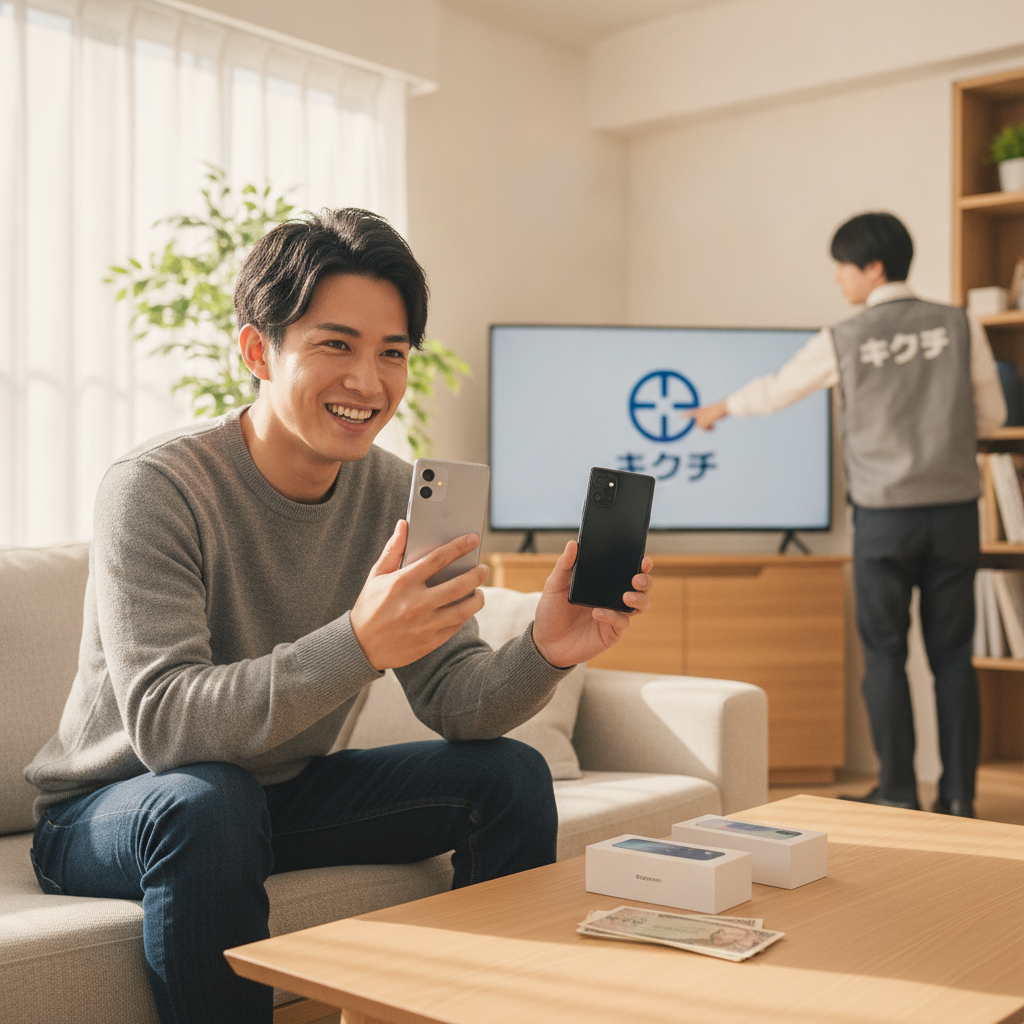 Galaxy S25を持って新機種と比較する男性