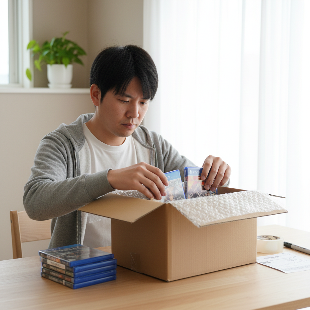 ゲームソフトの郵送梱包の様子