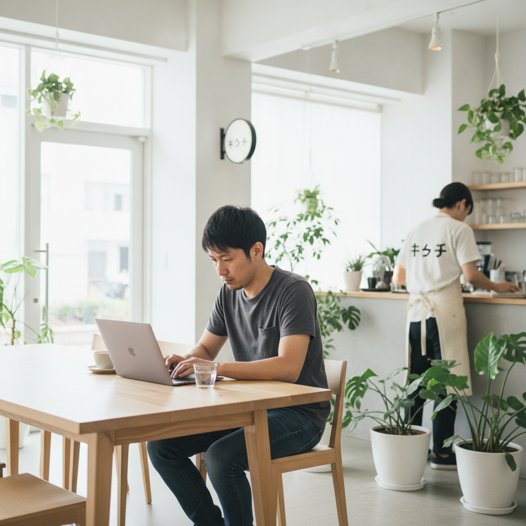 カフェでMacBook Air M4を操作する男性