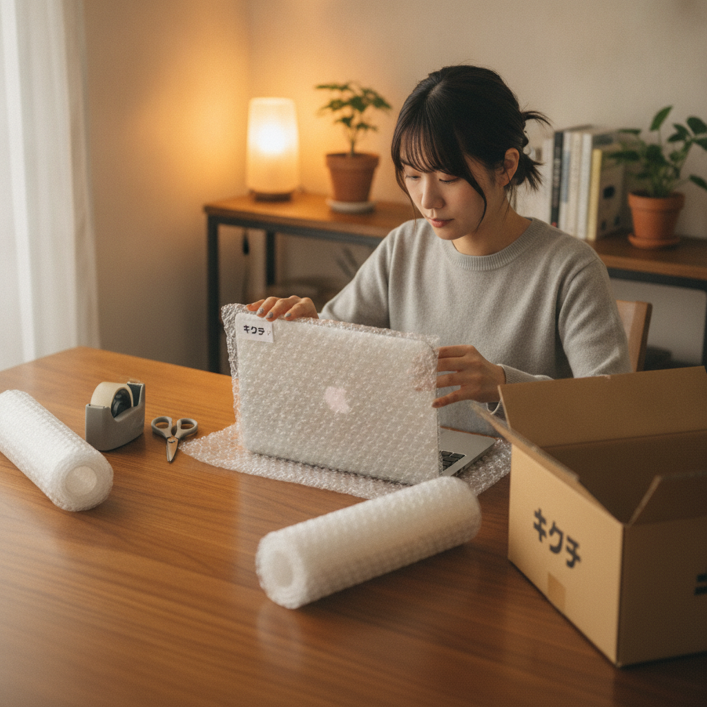 MacBook Air M4を丁寧に梱包する女性