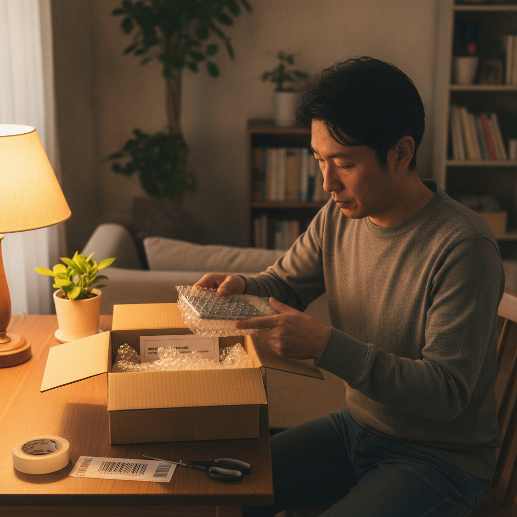 宅配買取のために梱包する日本人男性