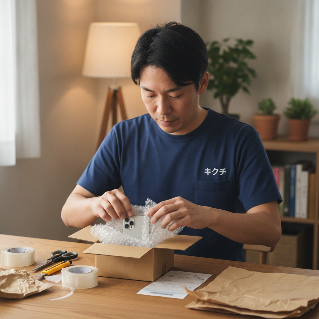 iPhoneを梱包して宅配買取に出す男性