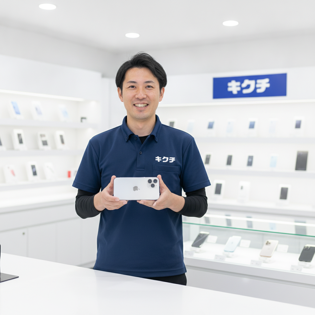 買取のキクチスタッフがiPhone 14 Proを査定している様子