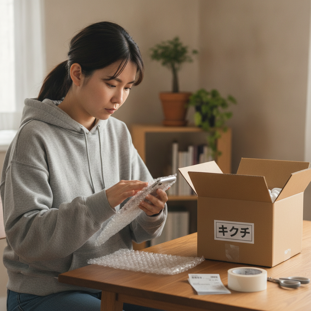 スマートフォンを梱包して郵送買取の準備をする様子