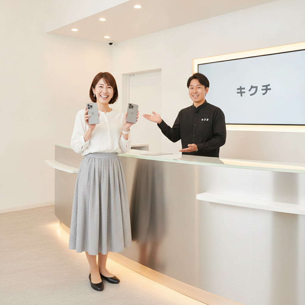 買取のキクチのカウンターでiPhone16を売る女性