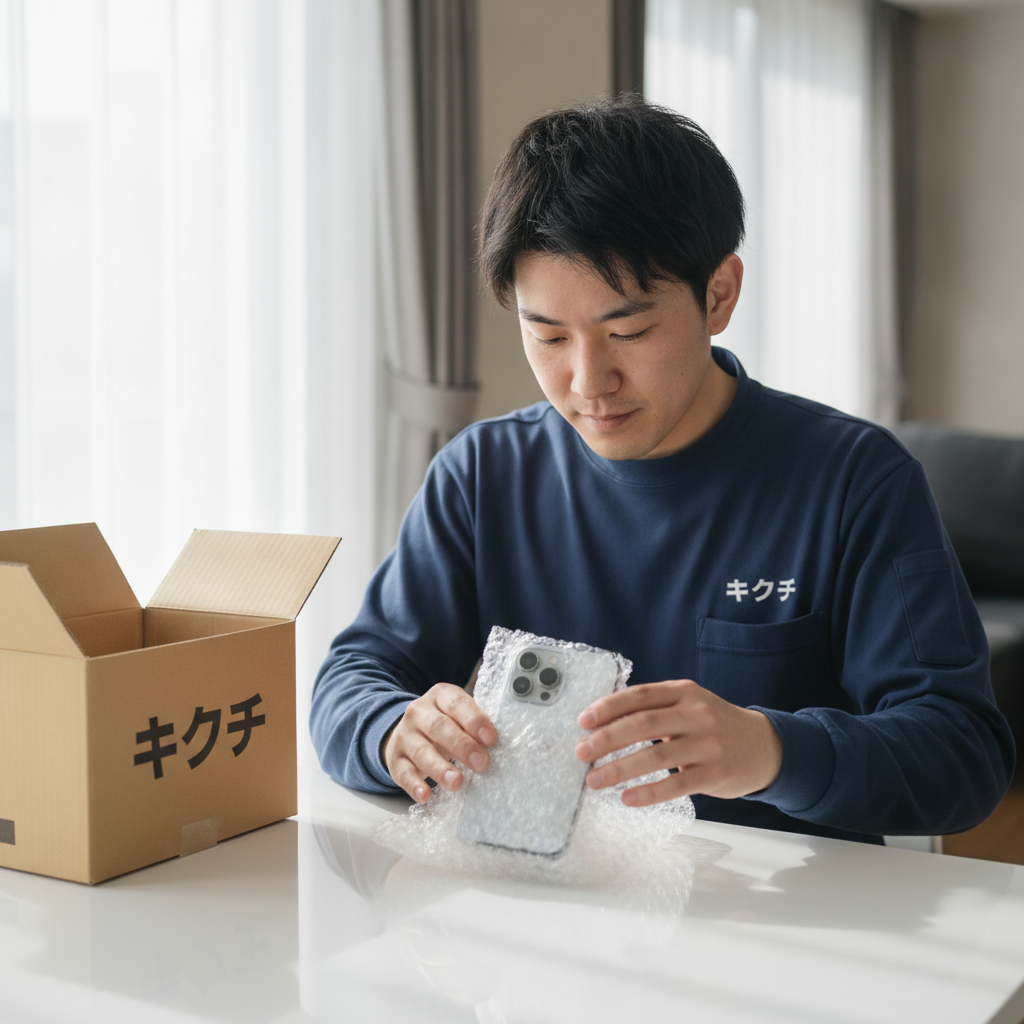 iPhone16を梱包している男性