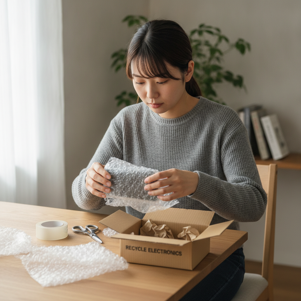 郵送買取のためにスマホを丁寧に梱包する日本人女性