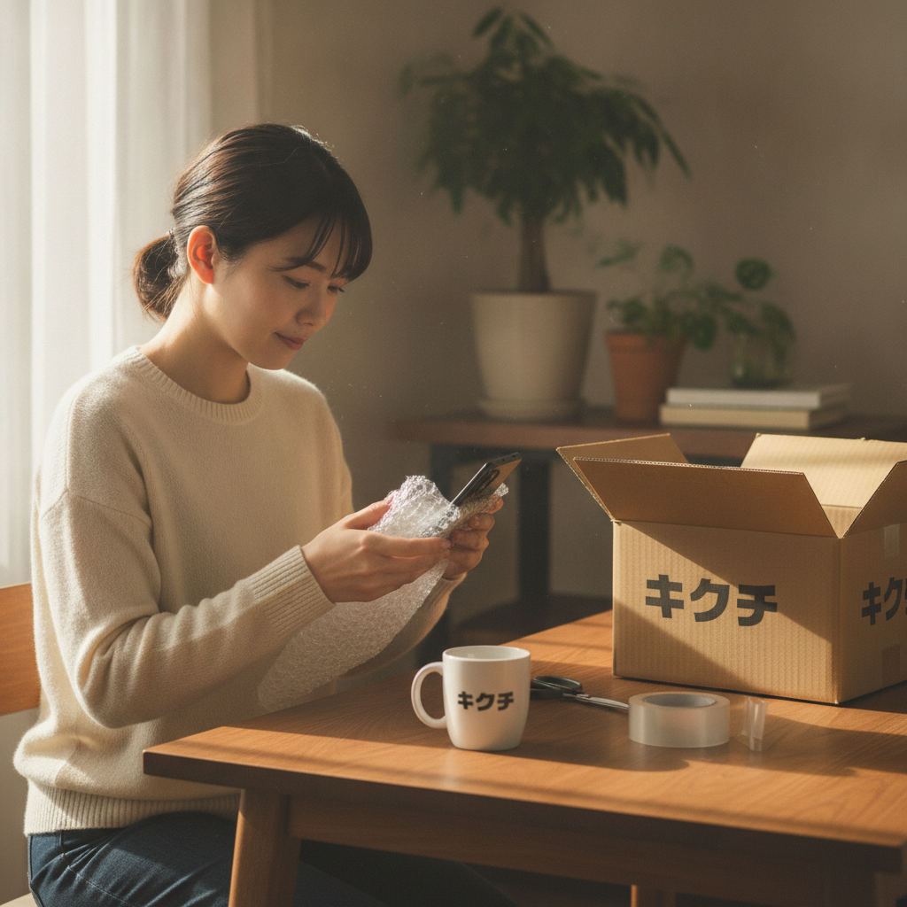 スマートフォンを梱包して郵送買取に出す女性