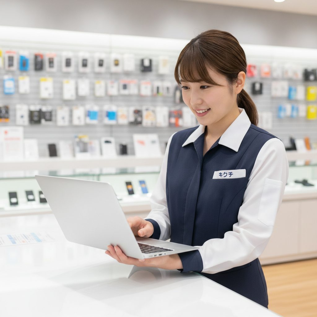 買取査定スタッフがパソコンを確認する様子