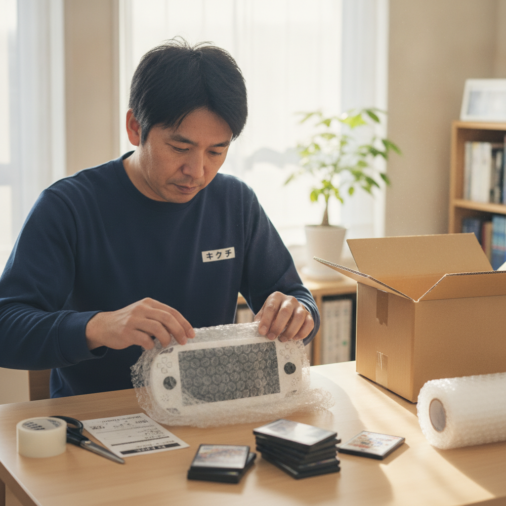 ゲーム機を丁寧に梱包する様子