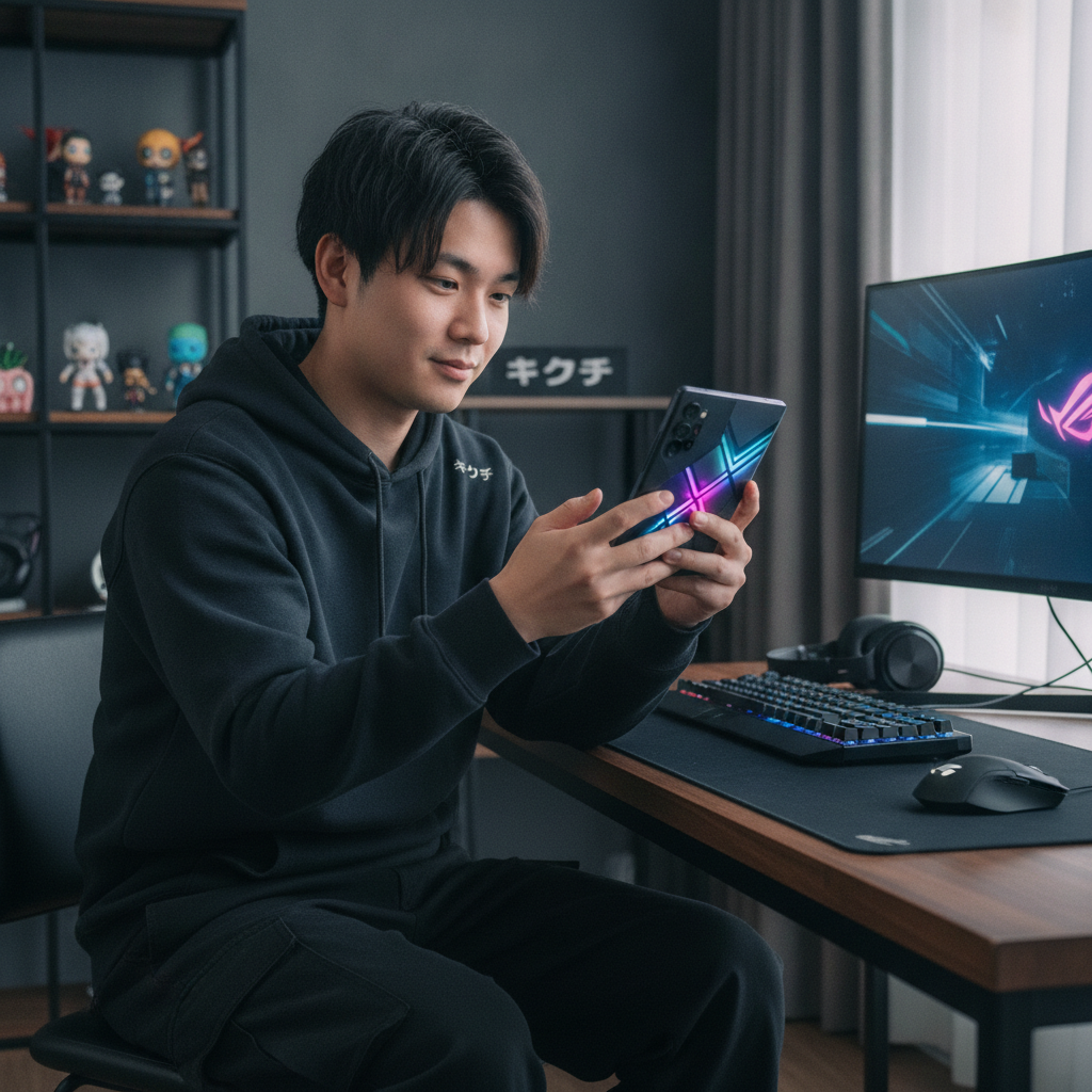 ゲーミングスマホを確認する日本人男性