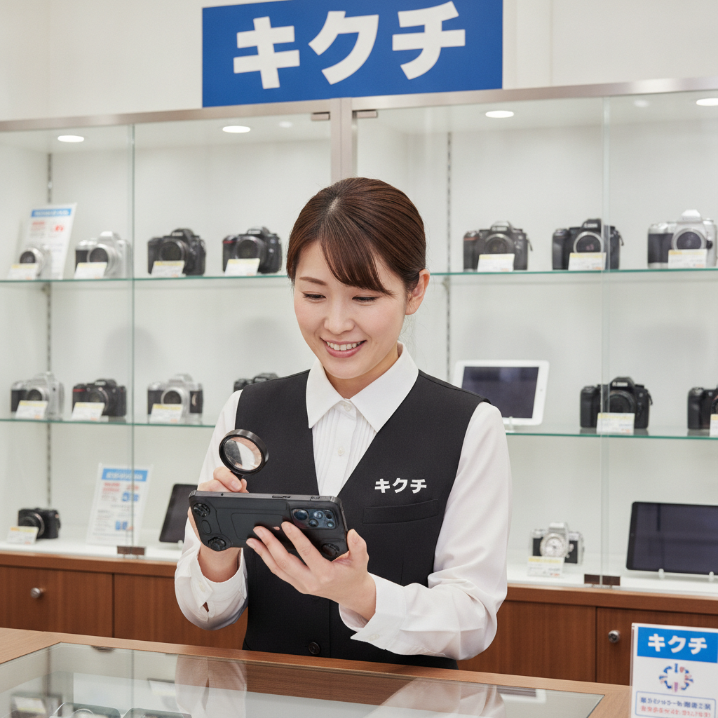 買取カウンターでゲーミングスマホを査定する店員