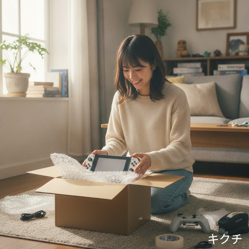 ゲーム機を梱包して郵送買取に出す準備をする様子