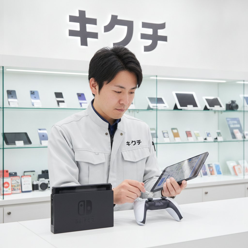 買取のキクチスタッフによるゲーム機査定の様子