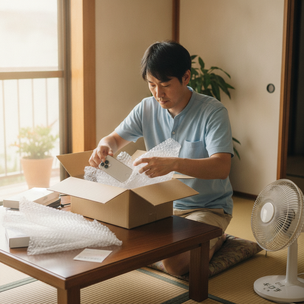 郵送買取のために端末を梱包する様子