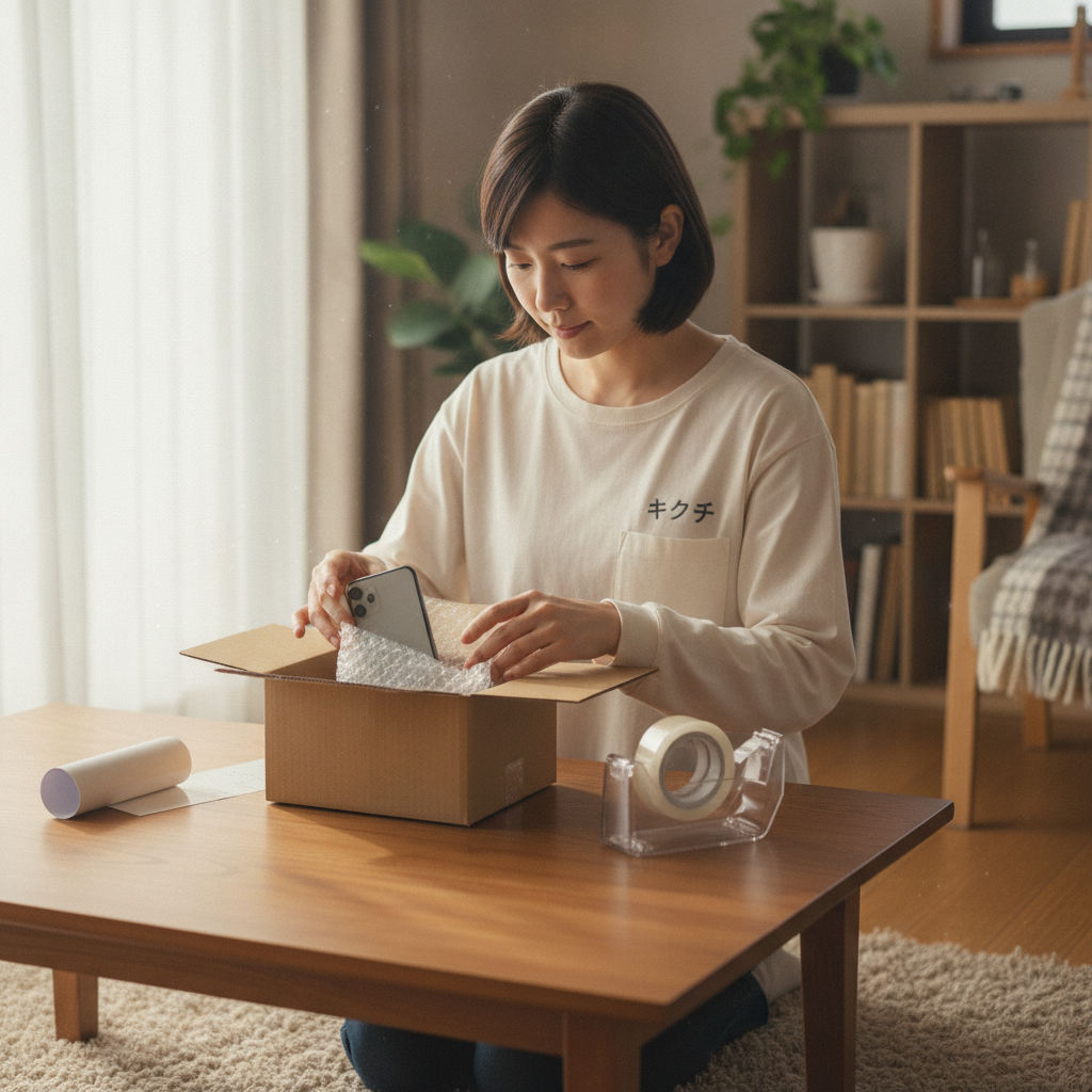 iPhone Airを梱包して郵送買取に出す様子
