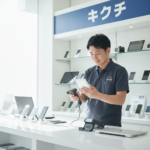 査定カウンターでモバイルWi-Fiルーターを査定するスタッフ