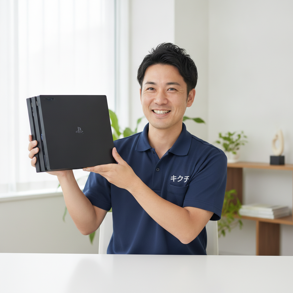 PS4 Proを持って笑顔の男性