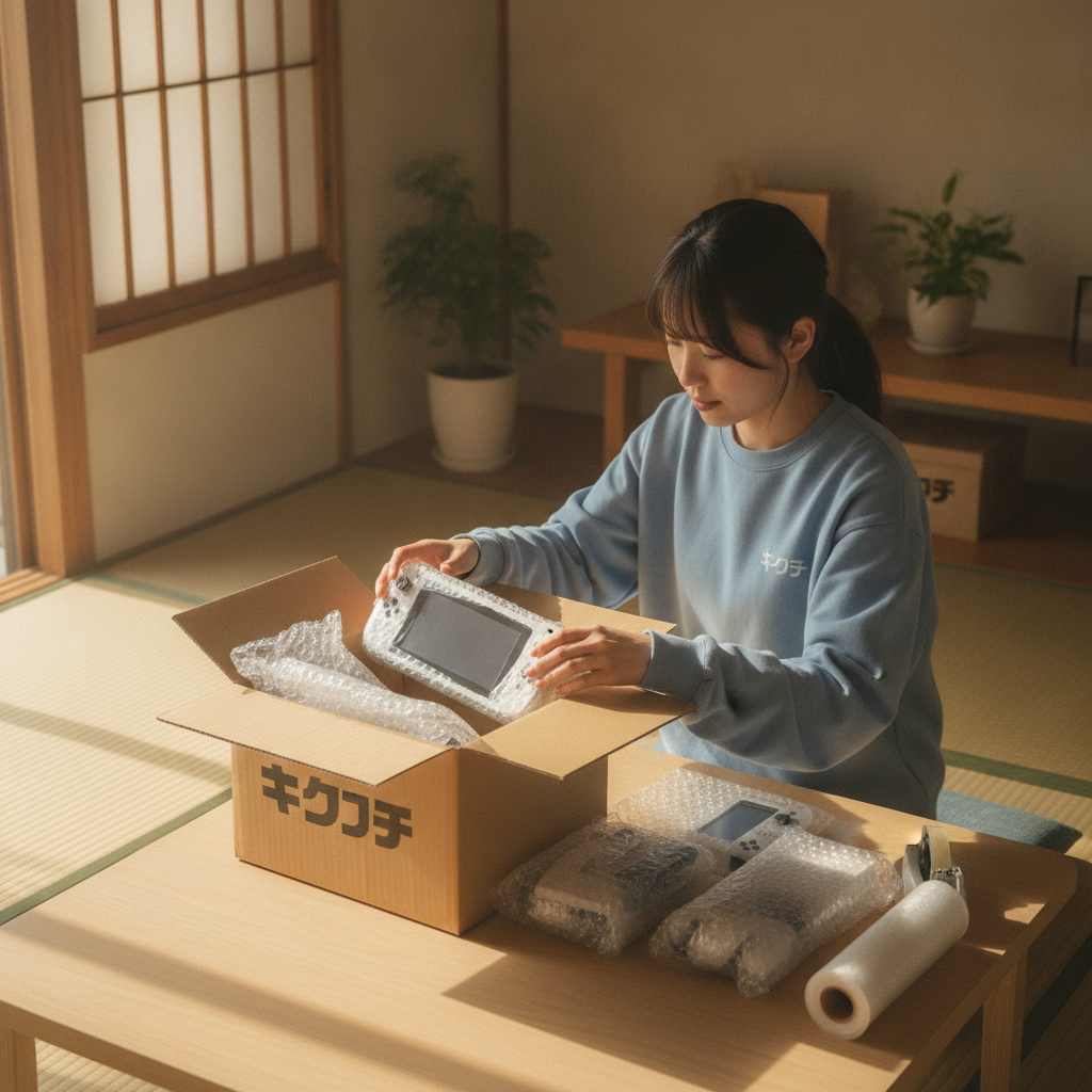 Switchを郵送買取用に梱包する様子