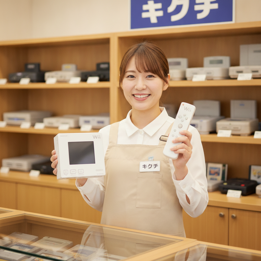 買取のキクチのスタッフがWiiを持っている写真