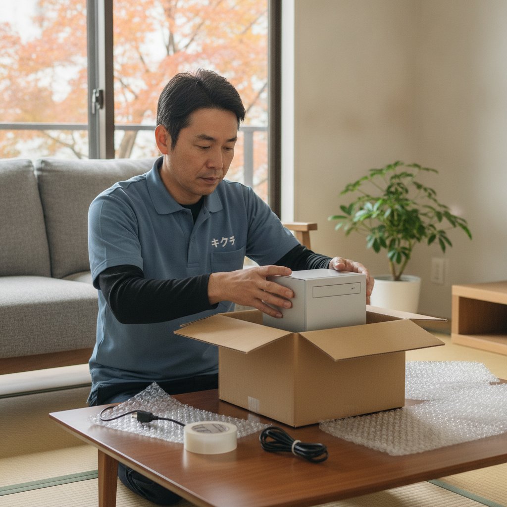 Mac miniを緩衝材で梱包して郵送買取に出す様子
