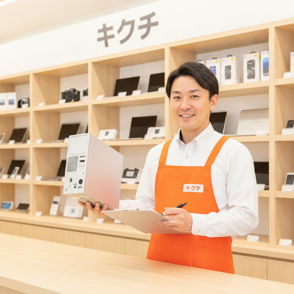 買取のキクチのスタッフがデスクトップMacを査定する様子