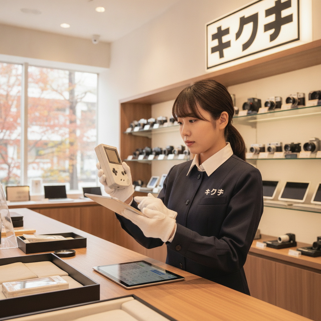 買取店のカウンターで携帯ゲーム機を丁寧に査定するスタッフ