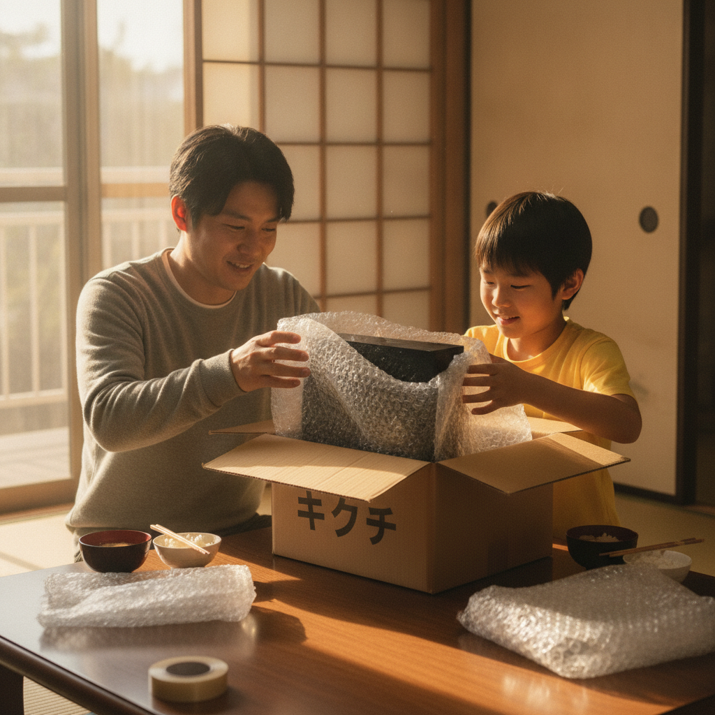 ゲーム機を緩衝材で梱包して郵送買取に出す親子