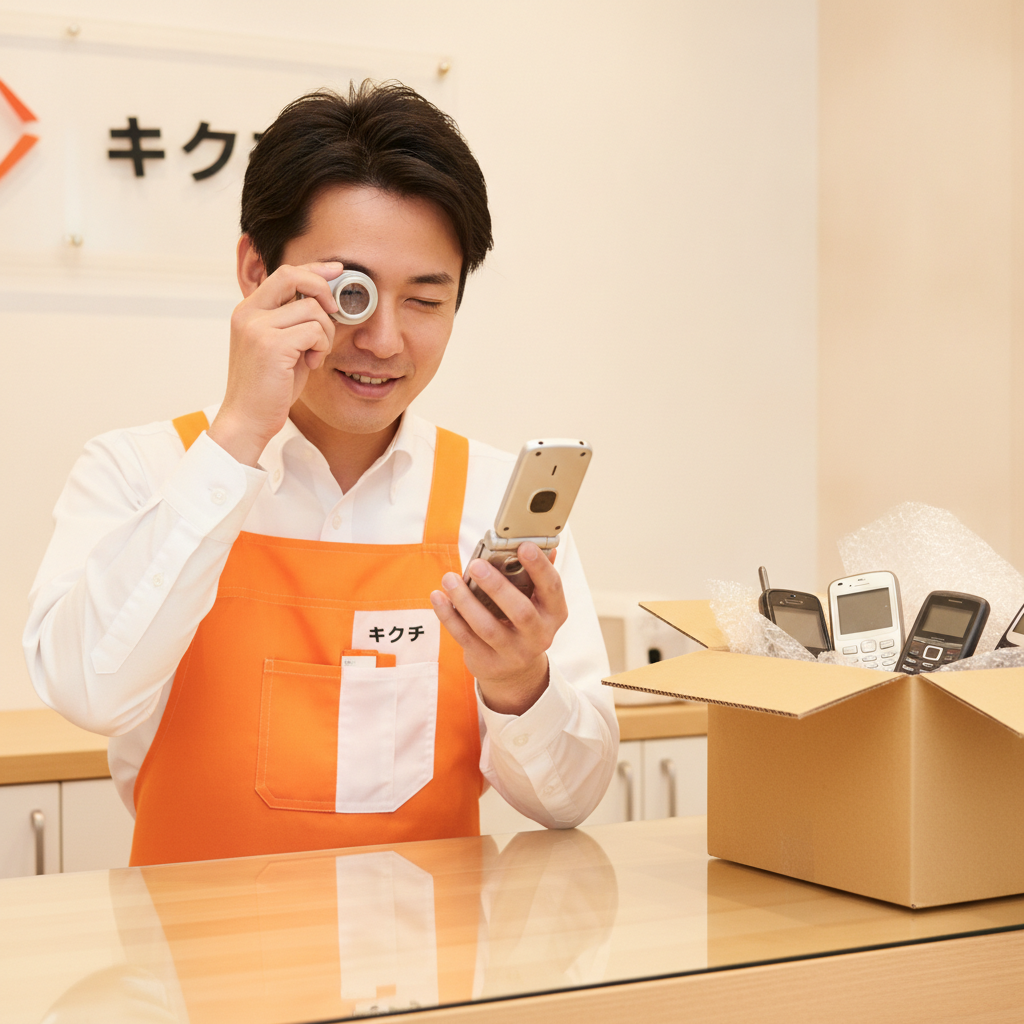 郵送で届いた携帯電話を1点ずつ査定する買取のキクチのスタッフ