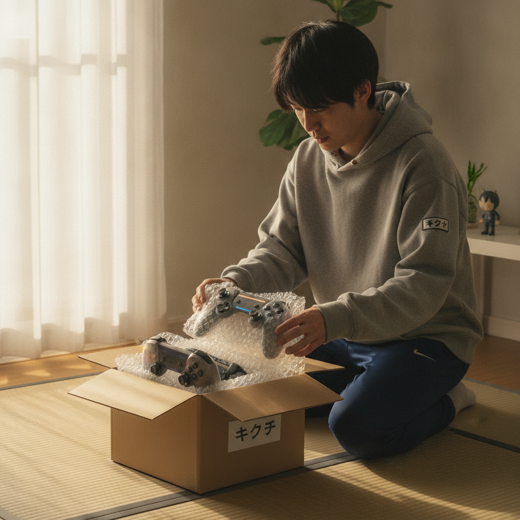 郵送買取のためNintendo Switch 2周辺機器を梱包する様子