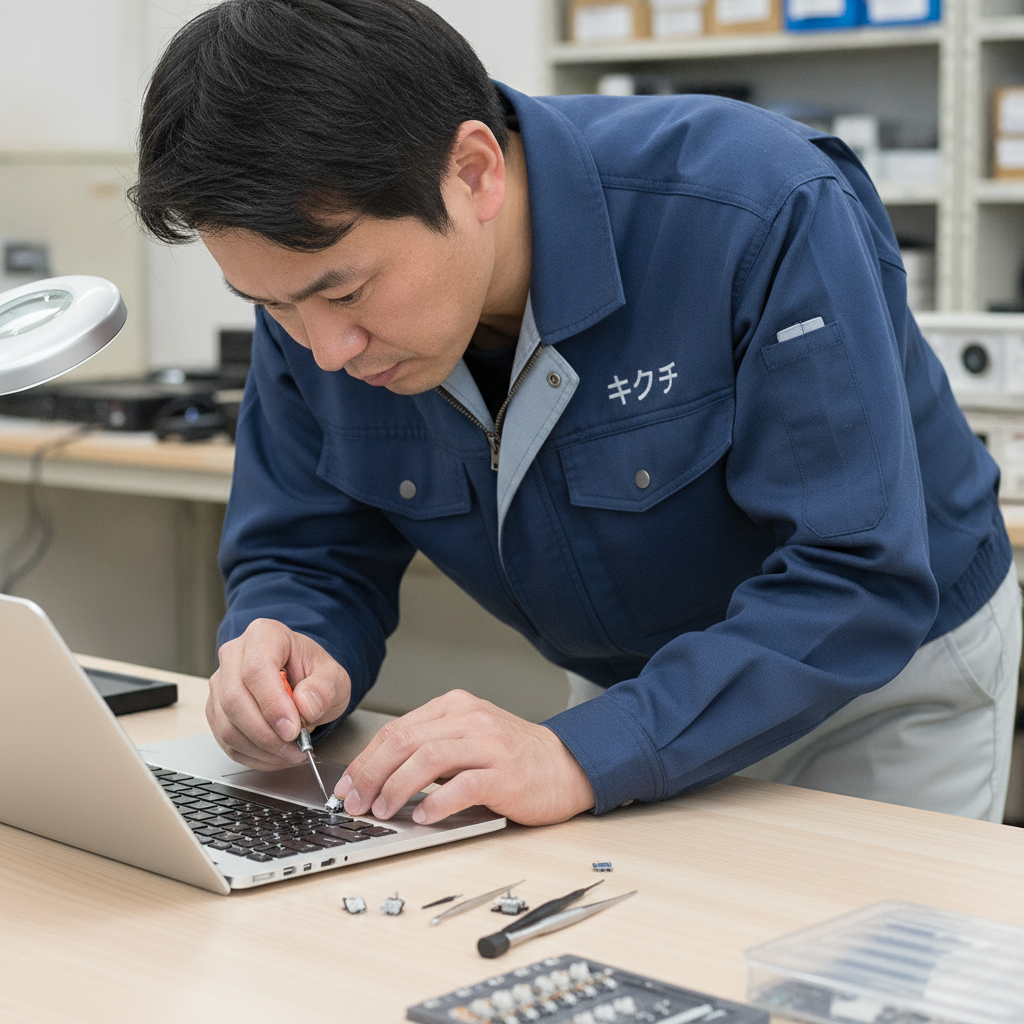 ノートパソコンのキーボードを修理する技術者