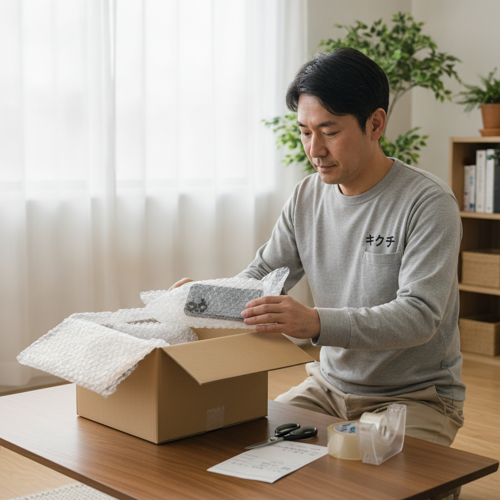 郵送買取のためスマホを梱包する男性