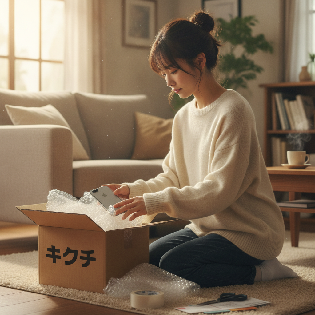 郵送買取のためにスマホを梱包する女性