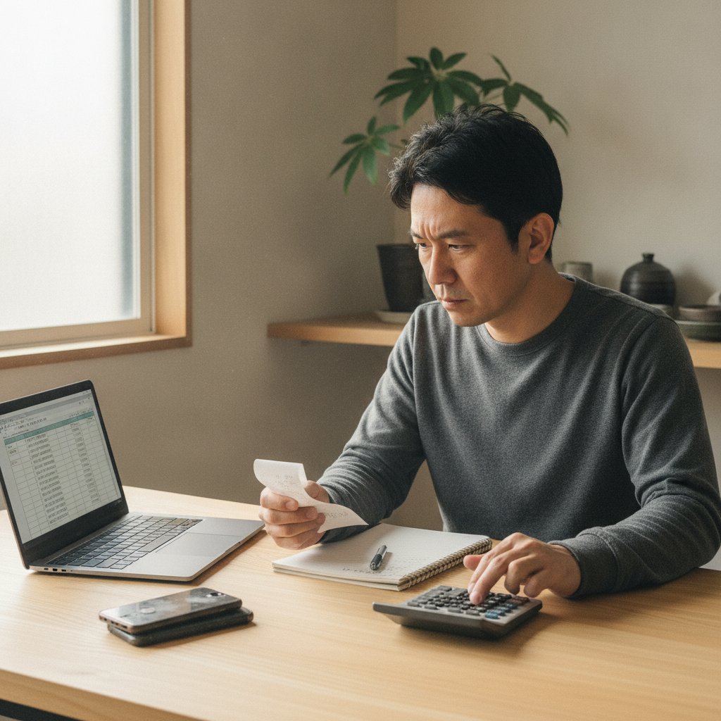 買取代金と確定申告について調べる男性