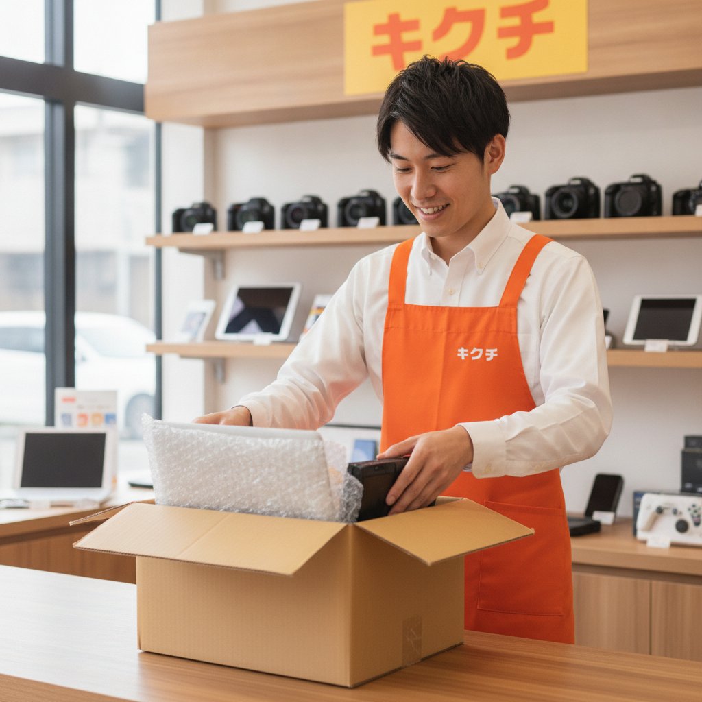 郵送買取のために機器を丁寧に梱包するキクチのスタッフ