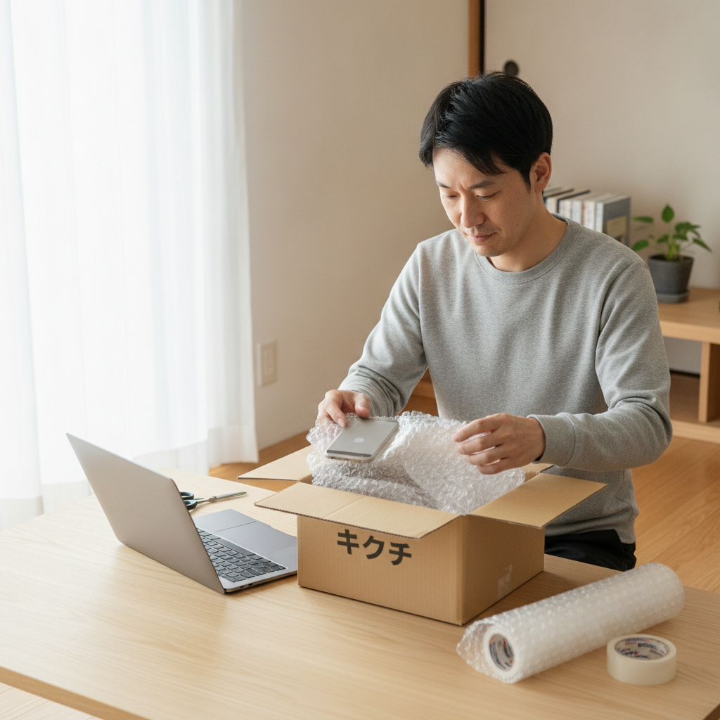 スマホとノートパソコンを梱包する様子