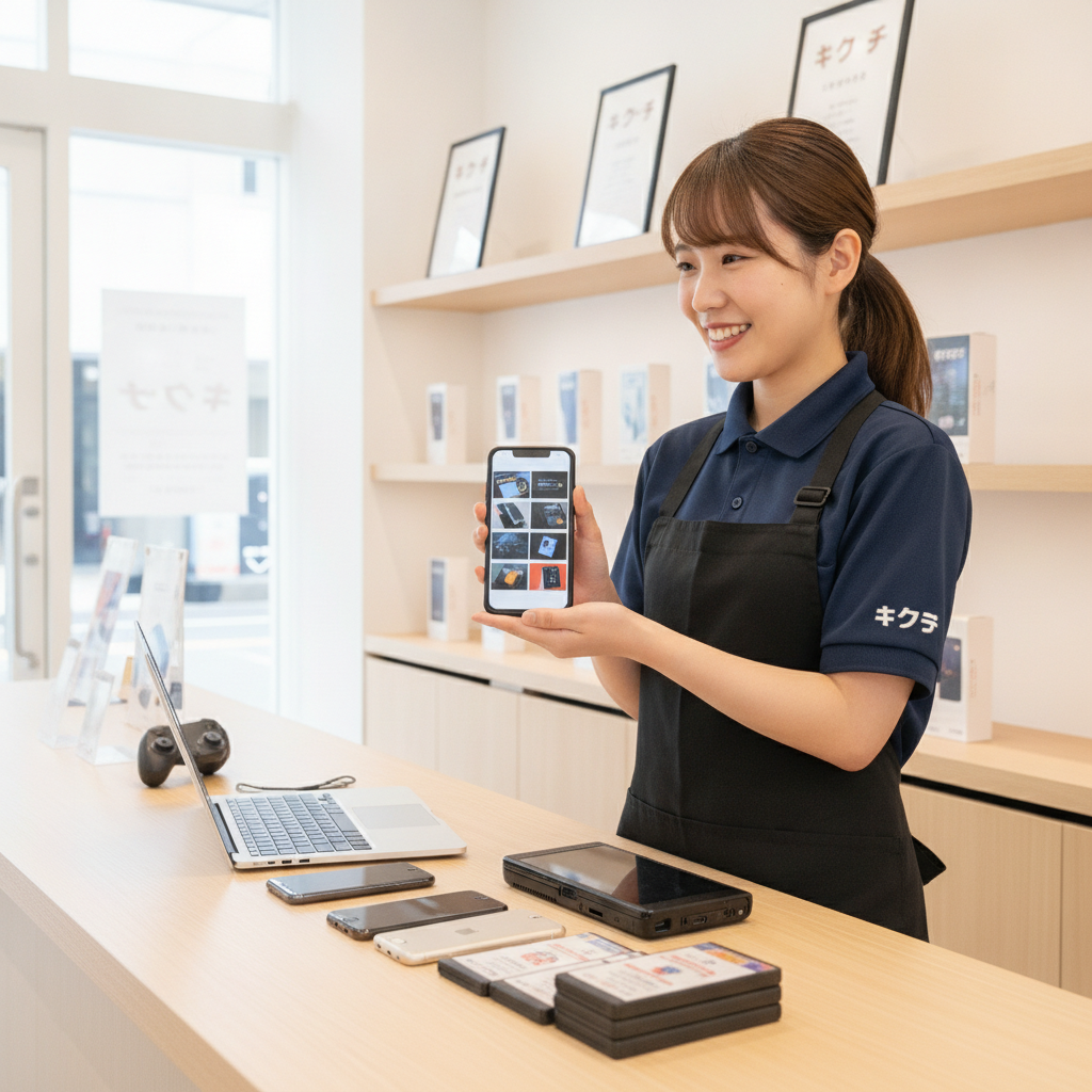 買取店スタッフが査定写真を確認する様子