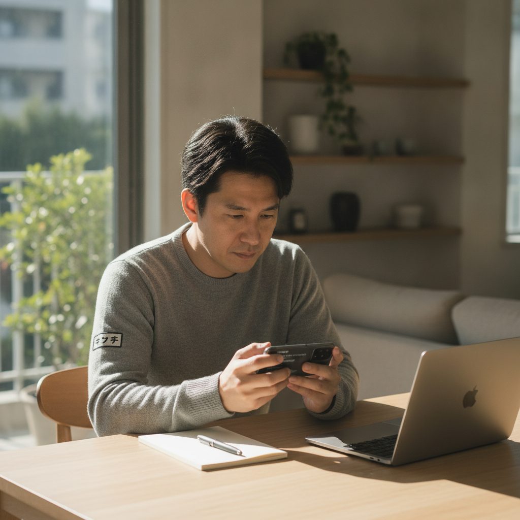 スマートフォンの設定画面でIMEI（製造番号）を確認する男性