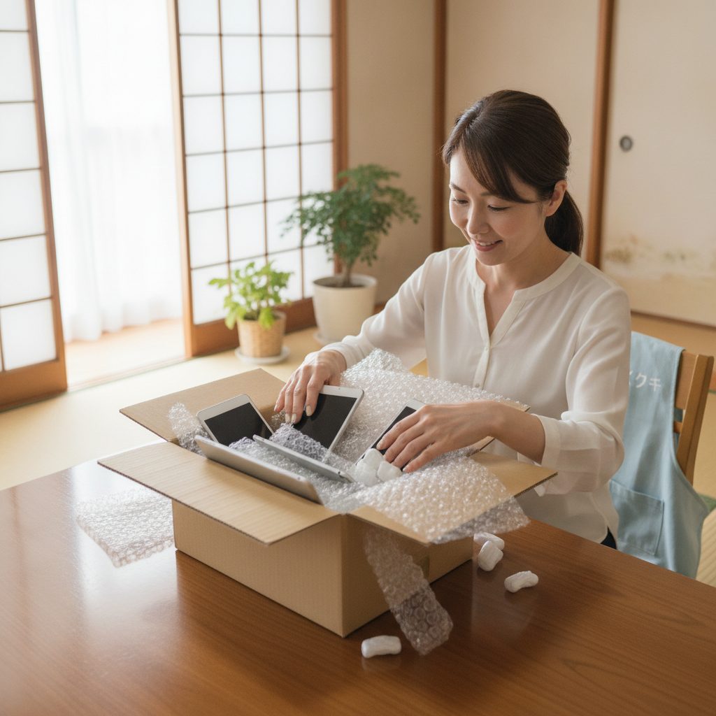 郵送買取のためにスマートフォンとタブレットを梱包する女性