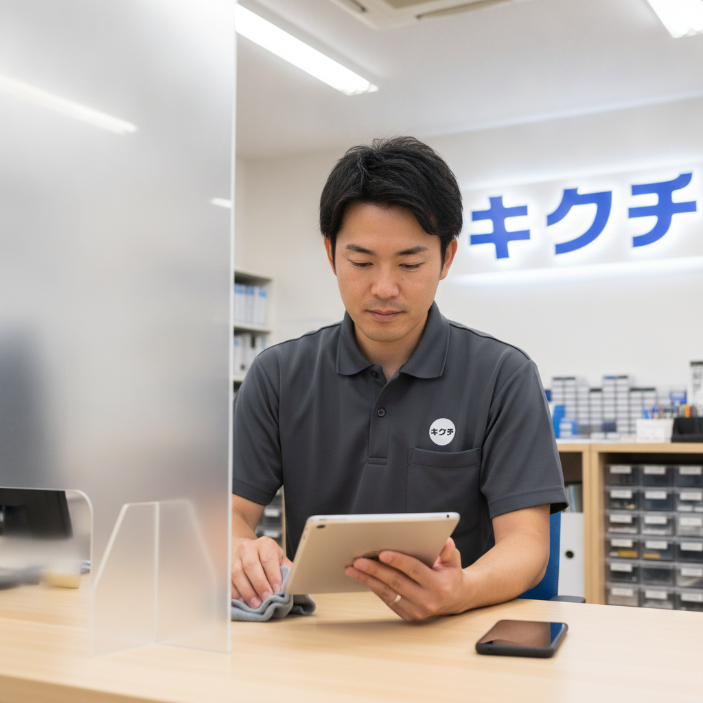 査定スタッフが端末を確認する様子