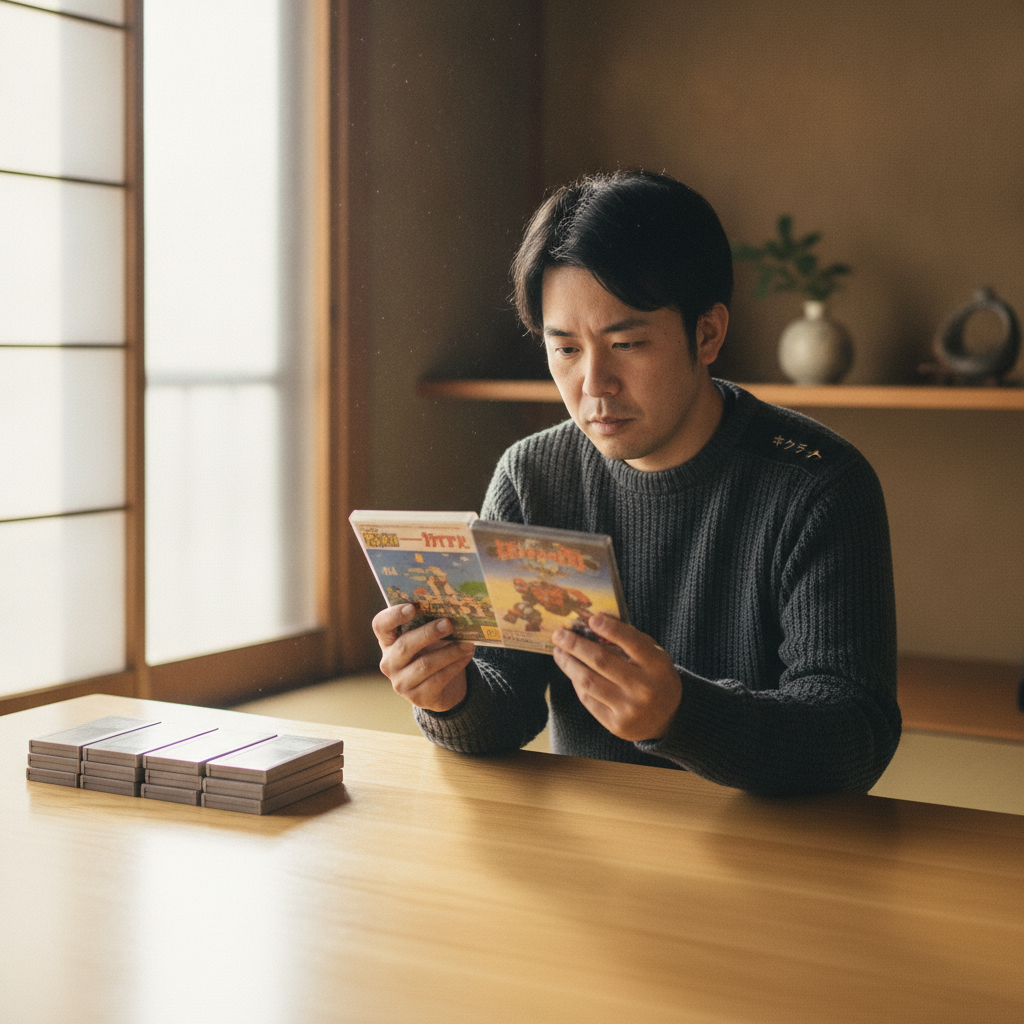 ゲームソフトの状態を確認する日本人男性