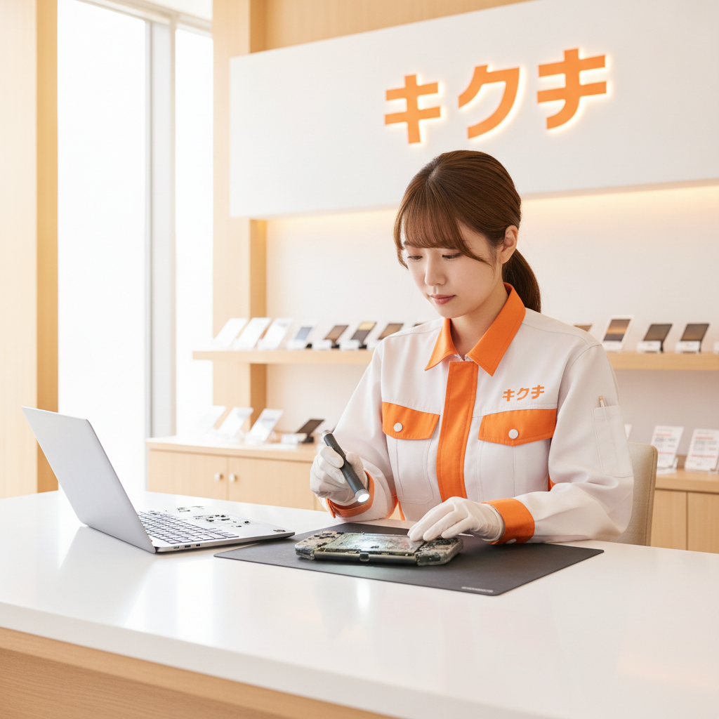 浸水したゲーム機とノートパソコンを査定する買取スタッフ