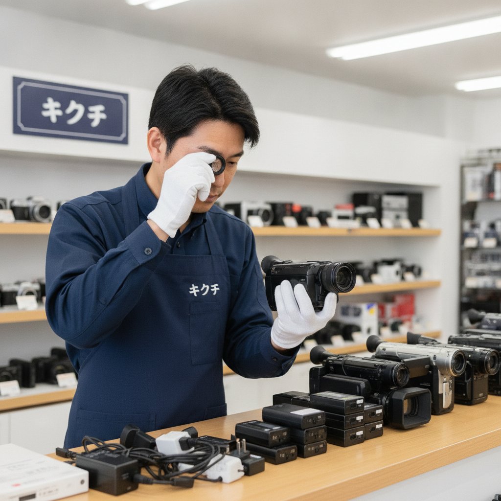 ビデオカメラの状態を丁寧に査定するキクチのスタッフ