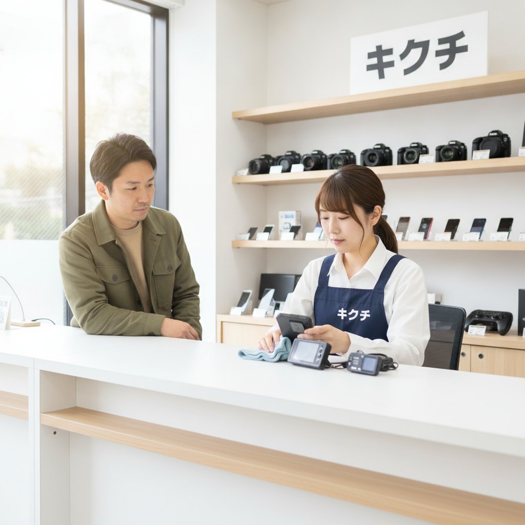 カーナビ・ドライブレコーダーを査定する買取スタッフ