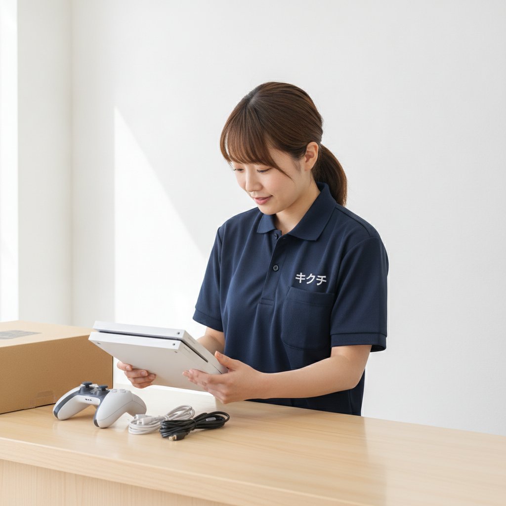 買取のキクチでゲーム機を査定するスタッフ